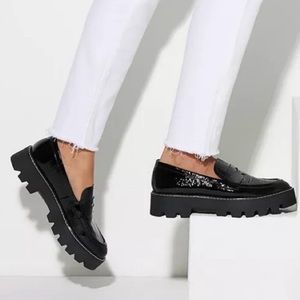 EUC Franco Sarto Balin Black Patent Leather lug sole platform loafers